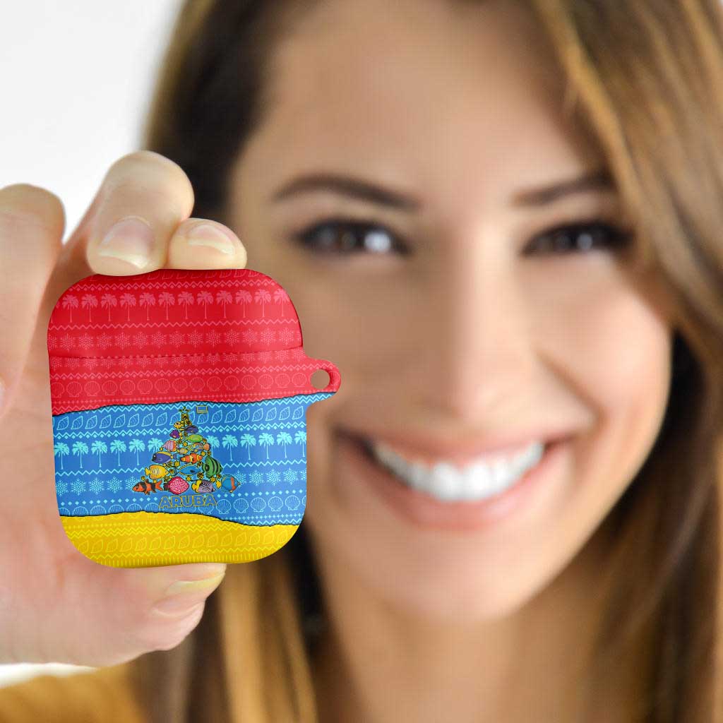 Aruba Christmas AirPods Case with Fish Christmas Tree Aruba Flag and Red Blue Yellow Tropical Pattern Design - Wonder Print Shop