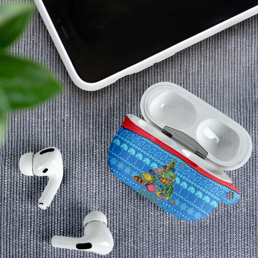 Aruba Christmas AirPods Case with Fish Christmas Tree Aruba Flag and Red Blue Yellow Tropical Pattern Design - Wonder Print Shop