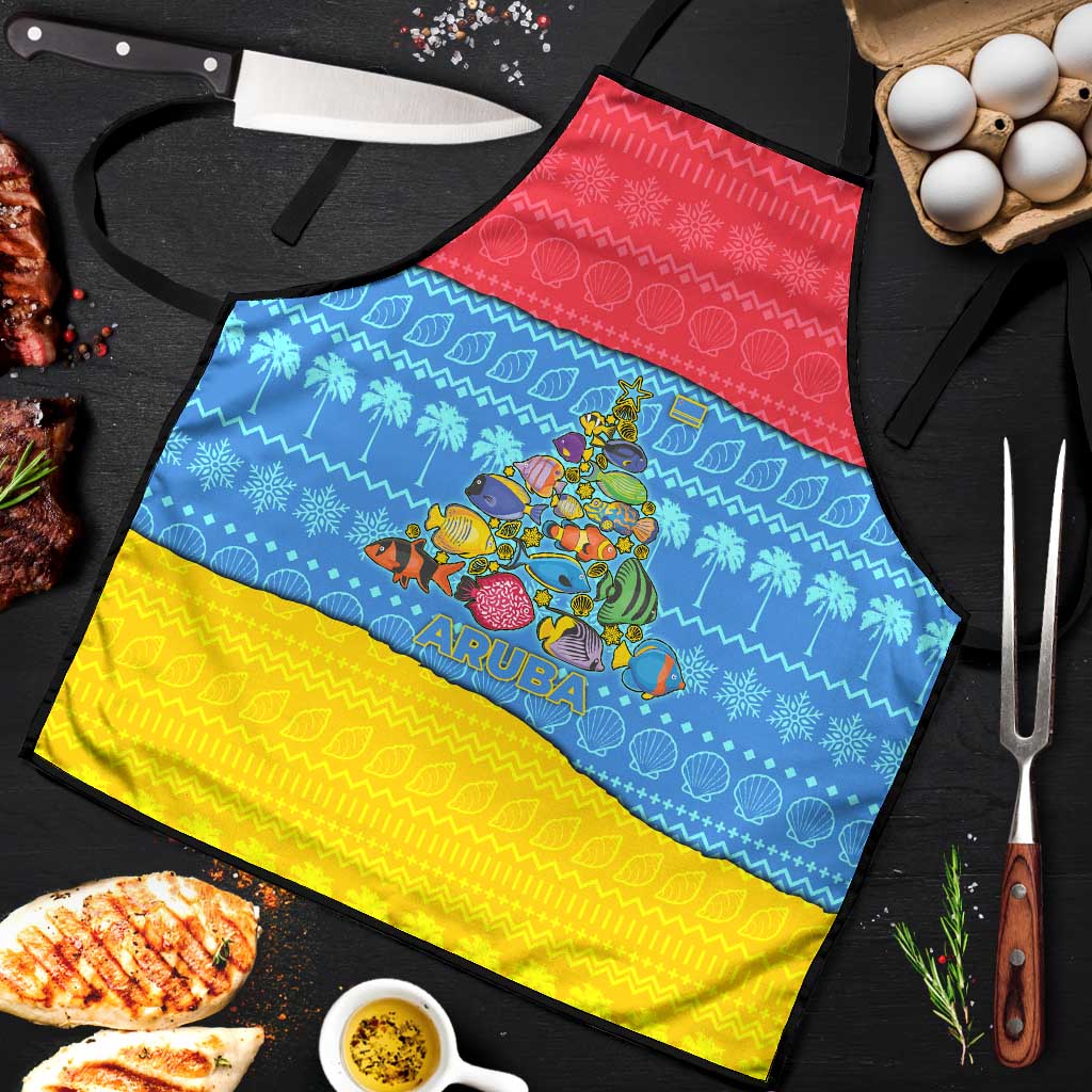 Aruba Christmas Apron with Fish Christmas Tree Aruba Flag and Red Blue Yellow Tropical Pattern Design - Wonder Print Shop