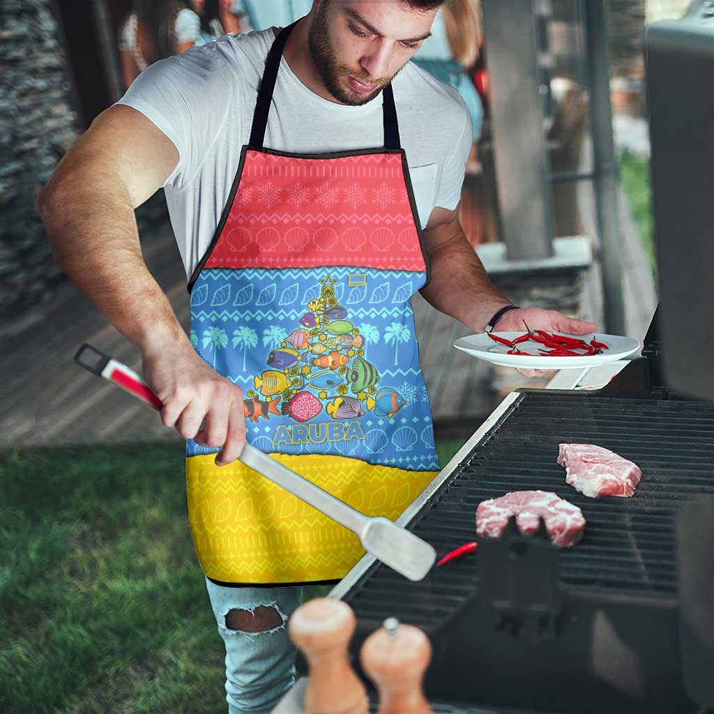 Aruba Christmas Apron with Fish Christmas Tree Aruba Flag and Red Blue Yellow Tropical Pattern Design - Wonder Print Shop