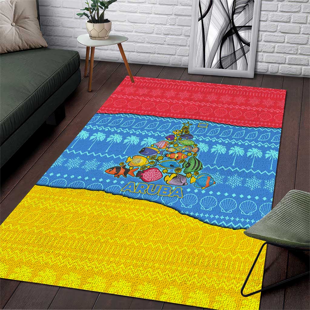 Aruba Christmas Area Rug with Fish Christmas Tree Aruba Flag and Red Blue Yellow Tropical Pattern Design - Wonder Print Shop