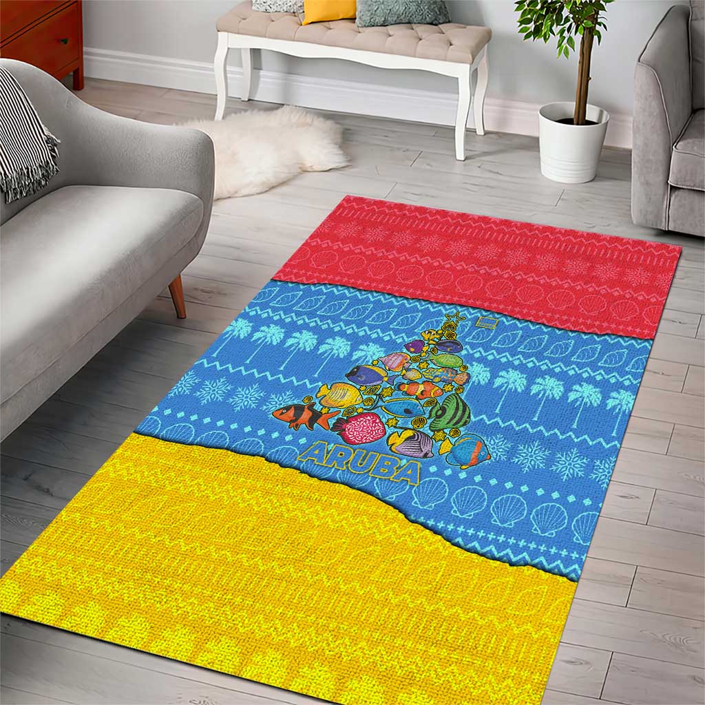 Aruba Christmas Area Rug with Fish Christmas Tree Aruba Flag and Red Blue Yellow Tropical Pattern Design - Wonder Print Shop