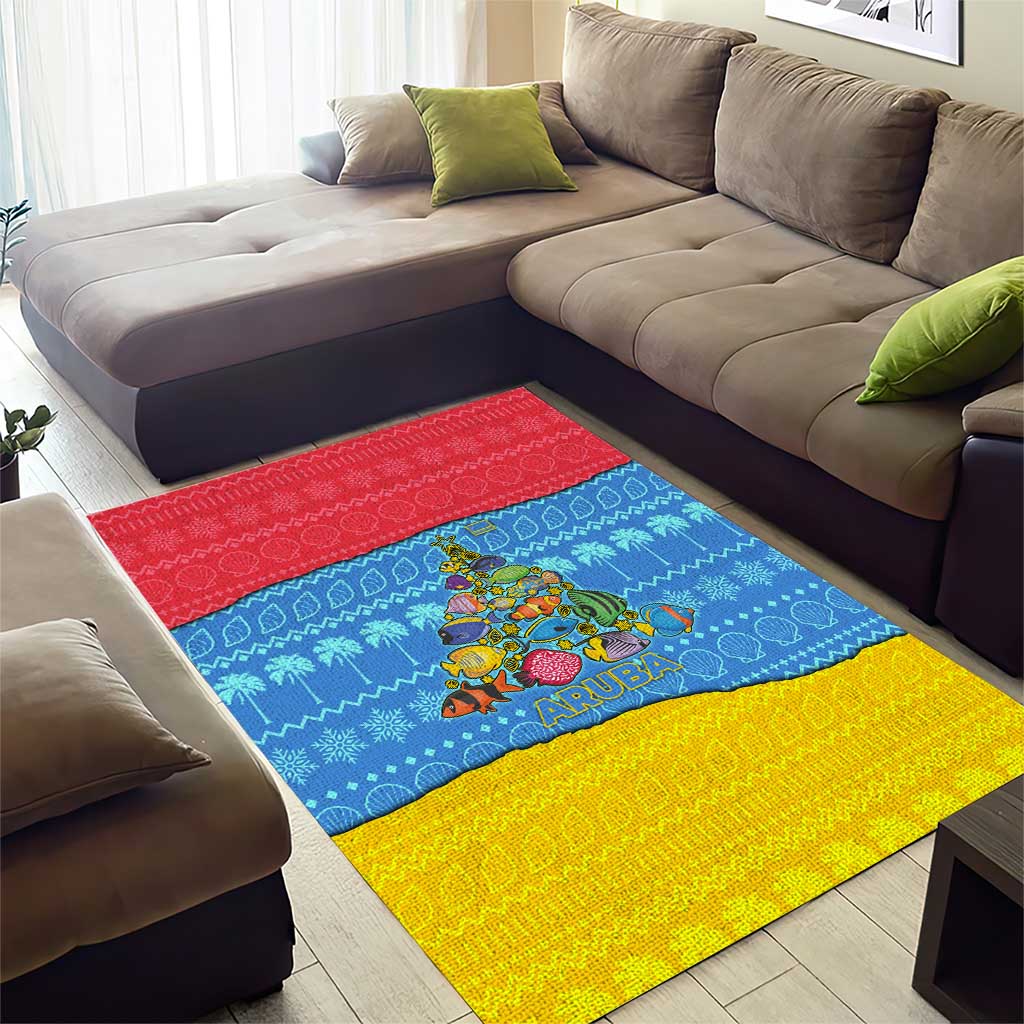 Aruba Christmas Area Rug with Fish Christmas Tree Aruba Flag and Red Blue Yellow Tropical Pattern Design - Wonder Print Shop