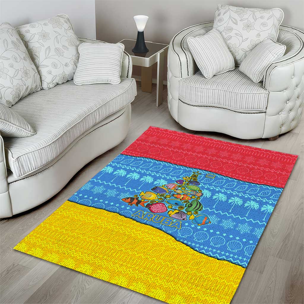 Aruba Christmas Area Rug with Fish Christmas Tree Aruba Flag and Red Blue Yellow Tropical Pattern Design - Wonder Print Shop