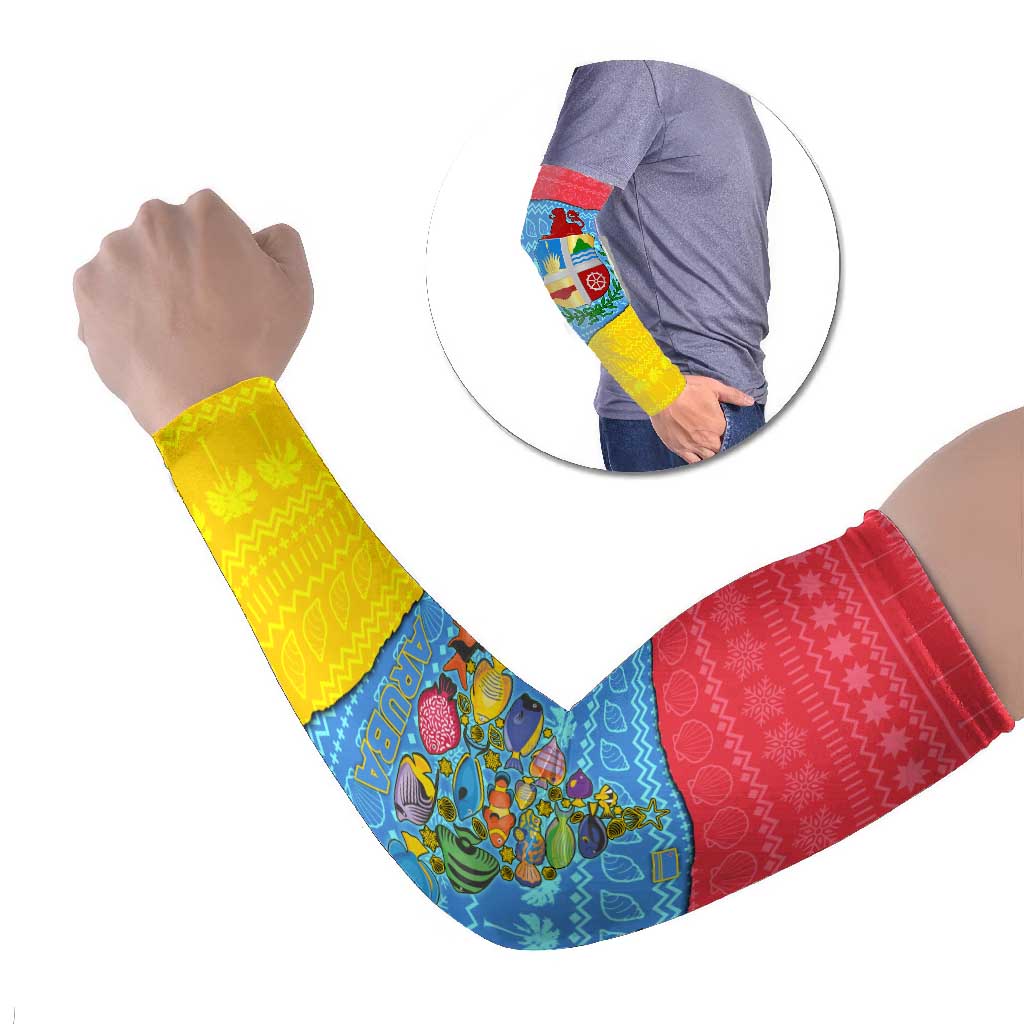 Aruba Christmas Arm Sleeves with Fish Christmas Tree Aruba Flag and Red Blue Yellow Tropical Pattern Design - Wonder Print Shop