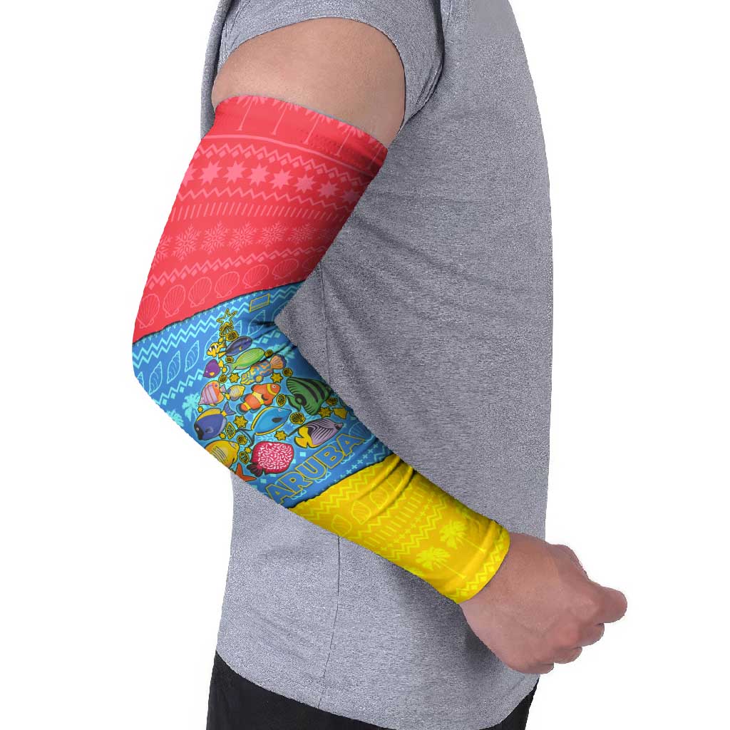Aruba Christmas Arm Sleeves with Fish Christmas Tree Aruba Flag and Red Blue Yellow Tropical Pattern Design - Wonder Print Shop