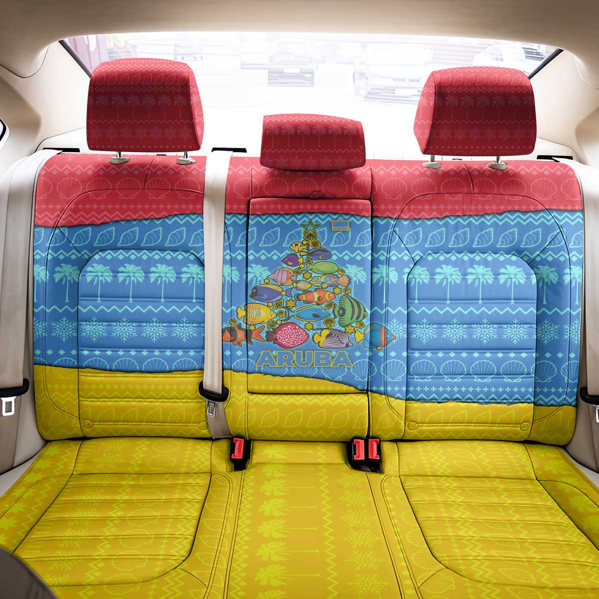 Aruba Christmas Back Car Seat Cover with Fish Christmas Tree Aruba Flag and Red Blue Yellow Tropical Pattern Design - Wonder Print Shop