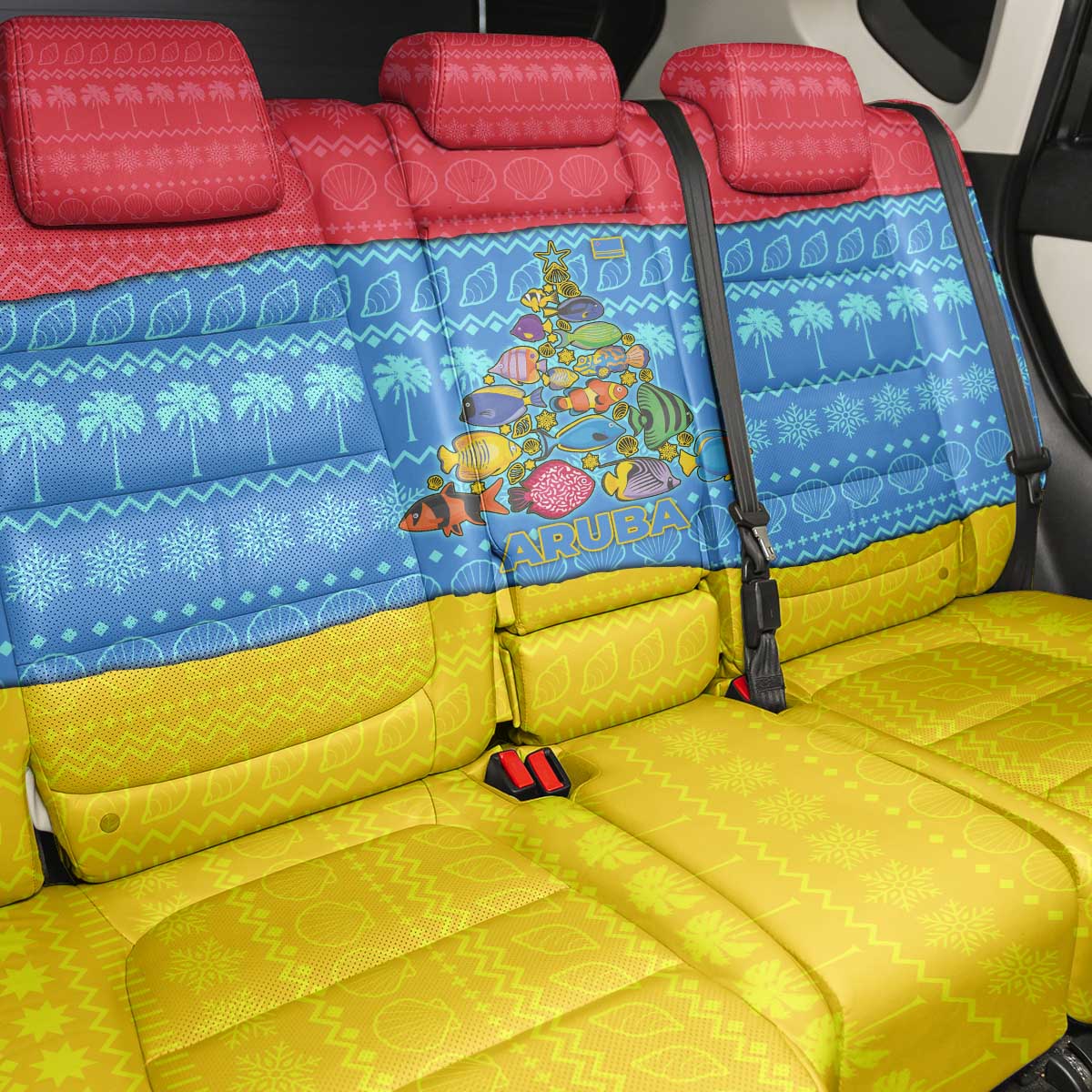 Aruba Christmas Back Car Seat Cover with Fish Christmas Tree Aruba Flag and Red Blue Yellow Tropical Pattern Design - Wonder Print Shop
