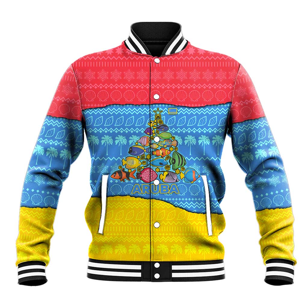 Aruba Christmas Baseball Jacket with Fish Christmas Tree Aruba Flag and Red Blue Yellow Tropical Pattern Design - Wonder Print Shop