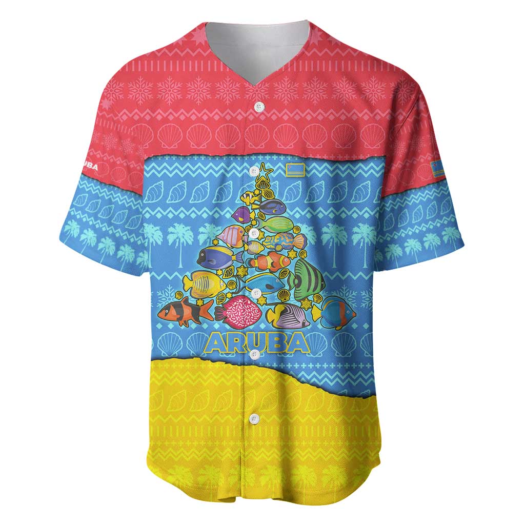 Aruba Christmas Baseball Jersey with Fish Christmas Tree Aruba Flag and Red Blue Yellow Tropical Pattern Design - Wonder Print Shop