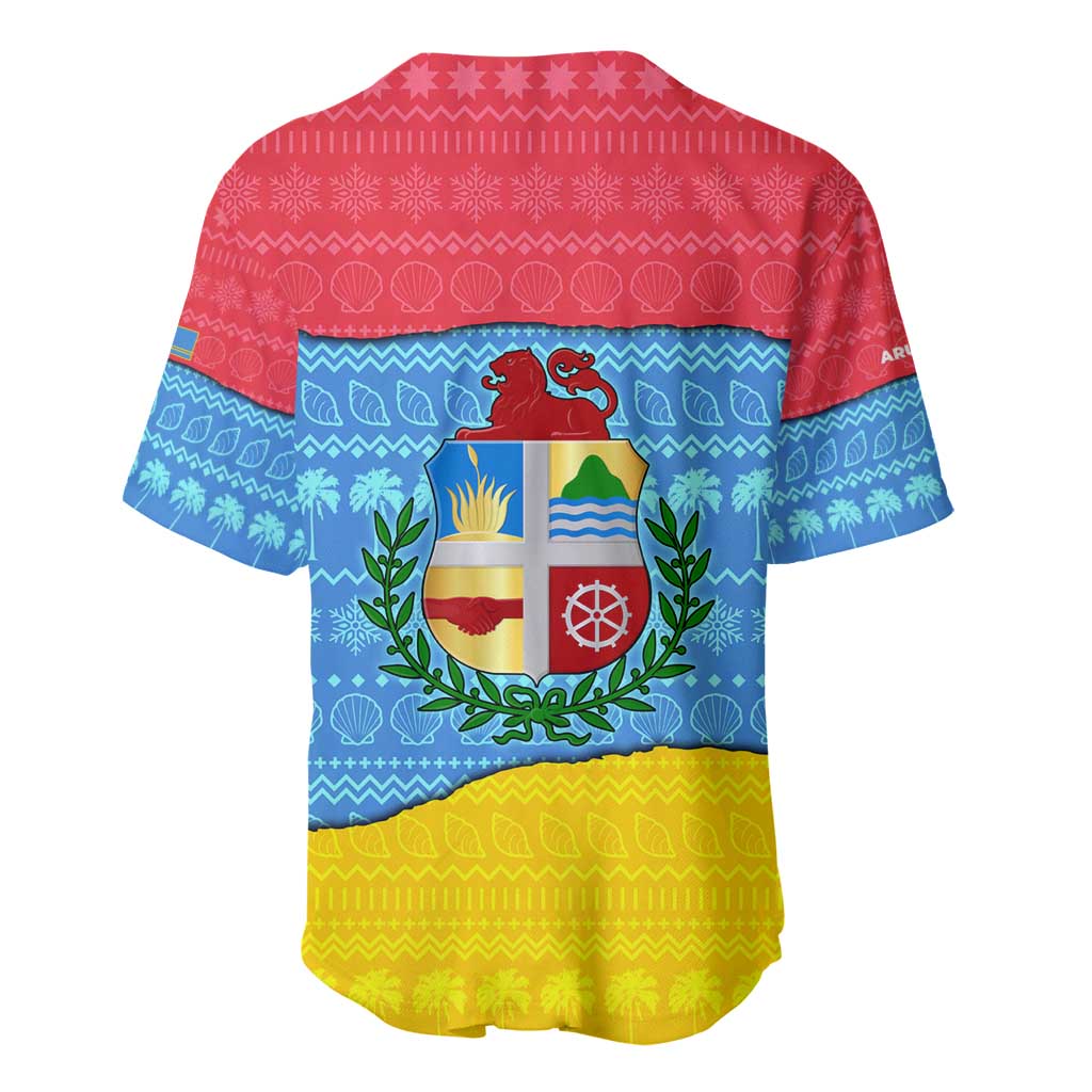 Aruba Christmas Baseball Jersey with Fish Christmas Tree Aruba Flag and Red Blue Yellow Tropical Pattern Design - Wonder Print Shop