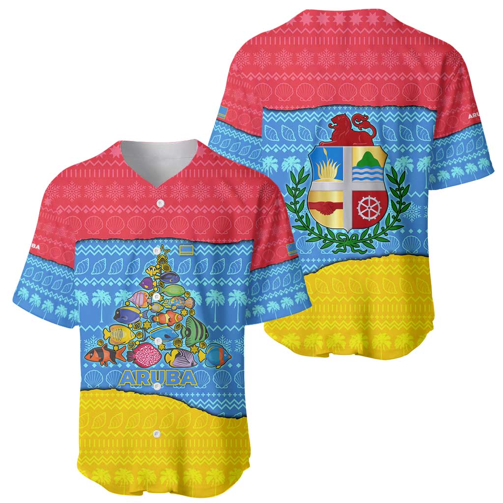 Aruba Christmas Baseball Jersey with Fish Christmas Tree Aruba Flag and Red Blue Yellow Tropical Pattern Design - Wonder Print Shop
