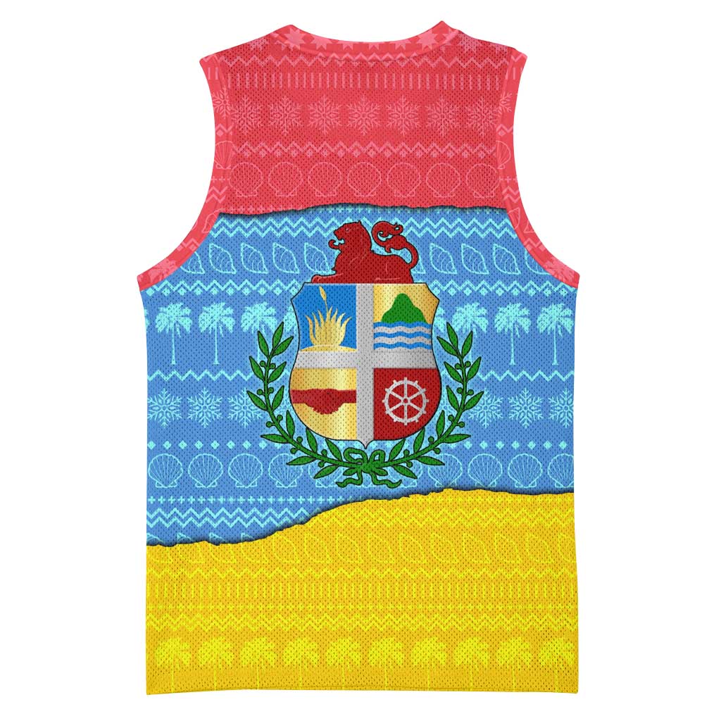 Aruba Christmas Basketball Jersey with Fish Christmas Tree Aruba Flag and Red Blue Yellow Tropical Pattern Design - Wonder Print Shop