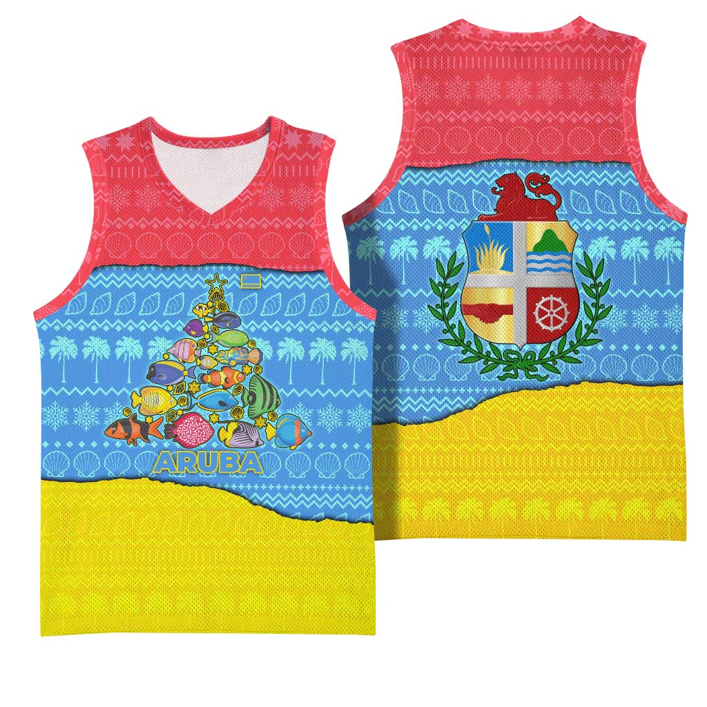 Aruba Christmas Basketball Jersey with Fish Christmas Tree Aruba Flag and Red Blue Yellow Tropical Pattern Design - Wonder Print Shop