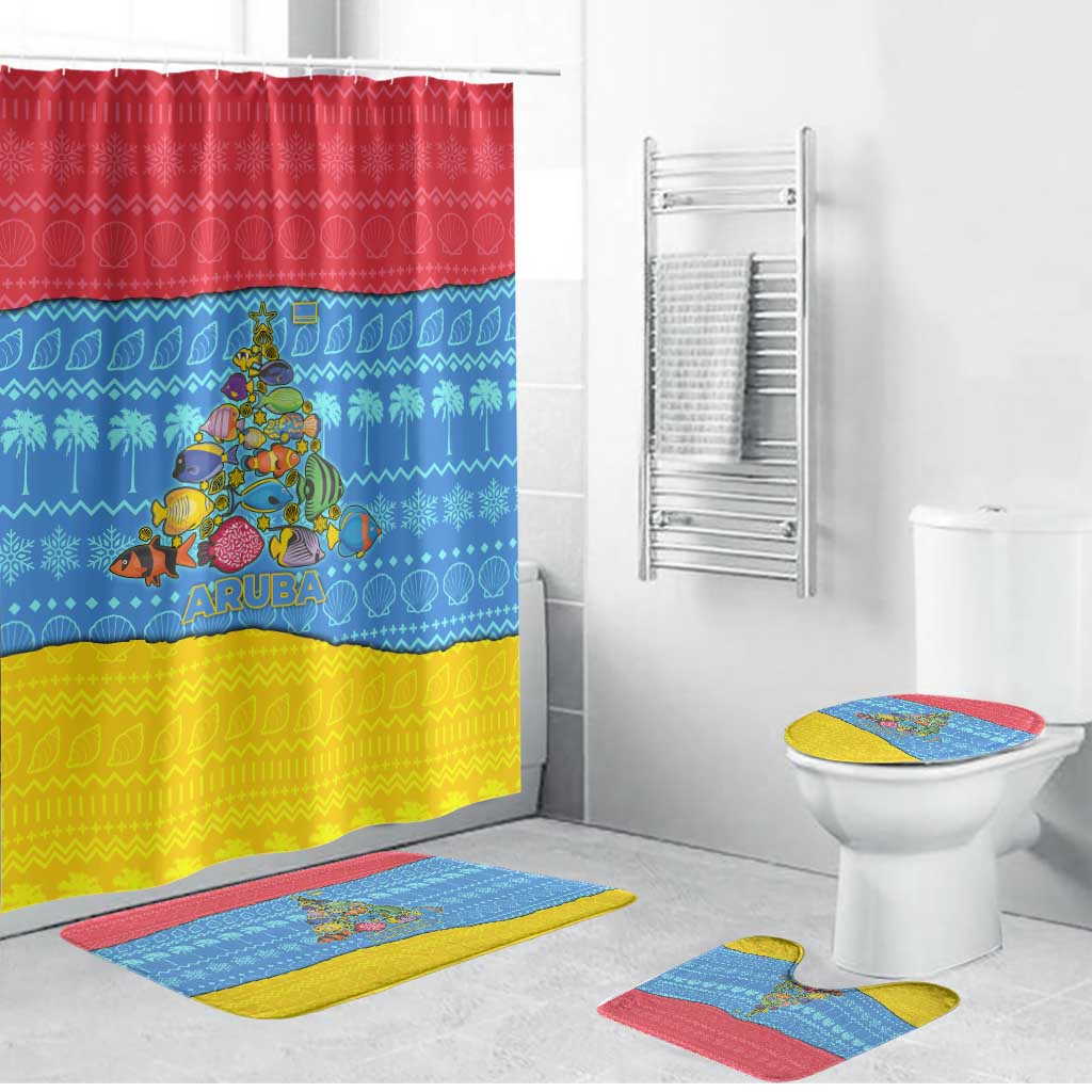 Aruba Christmas Bathroom Set with Fish Christmas Tree Aruba Flag and Red Blue Yellow Tropical Pattern Design - Wonder Print Shop