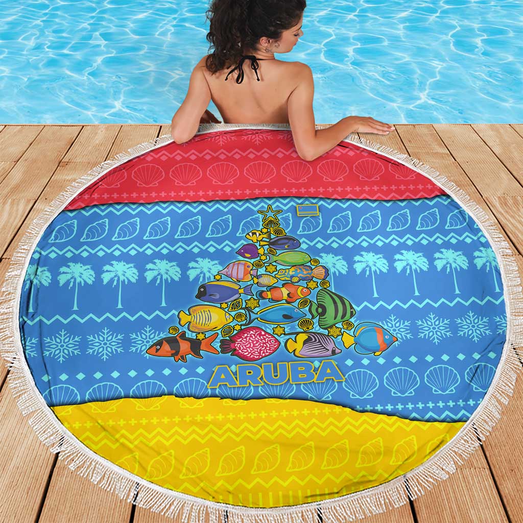 Aruba Christmas Beach Blanket with Fish Christmas Tree Aruba Flag and Red Blue Yellow Tropical Pattern Design - Wonder Print Shop