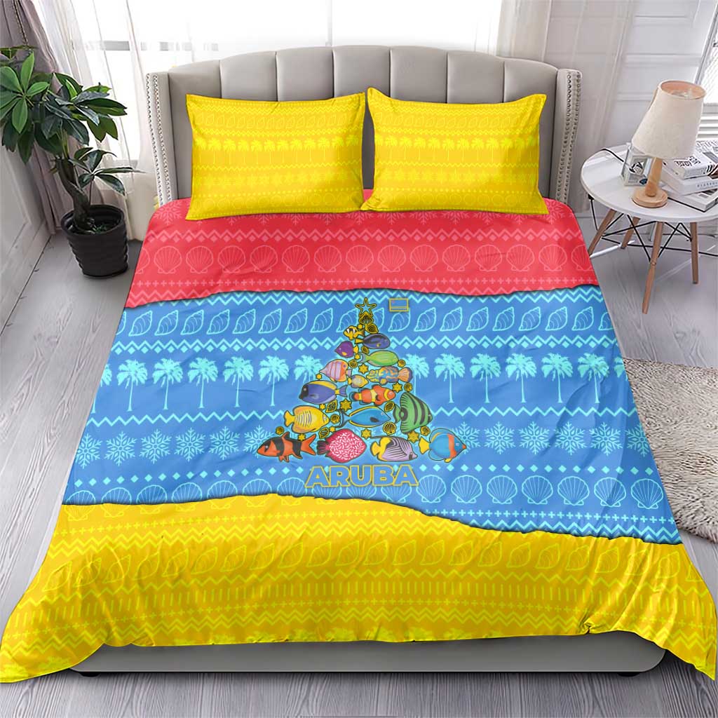 Aruba Christmas Bedding Set with Fish Christmas Tree Aruba Flag and Red Blue Yellow Tropical Pattern Design - Wonder Print Shop