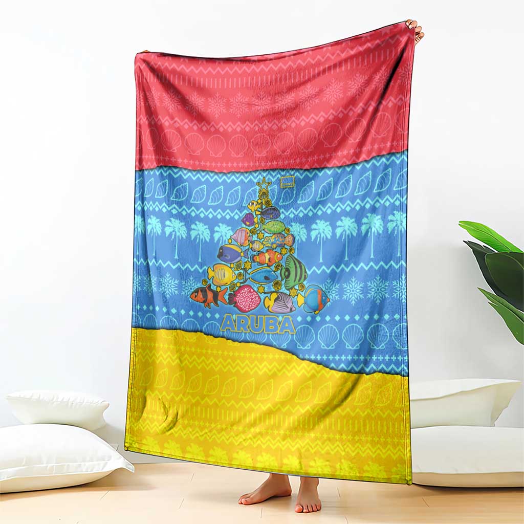 Aruba Christmas Blanket with Fish Christmas Tree Aruba Flag and Red Blue Yellow Tropical Pattern Design - Wonder Print Shop