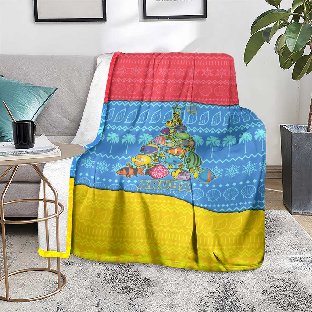 Aruba Christmas Blanket with Fish Christmas Tree Aruba Flag and Red Blue Yellow Tropical Pattern Design - Wonder Print Shop