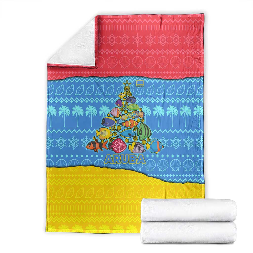 Aruba Christmas Blanket with Fish Christmas Tree Aruba Flag and Red Blue Yellow Tropical Pattern Design - Wonder Print Shop