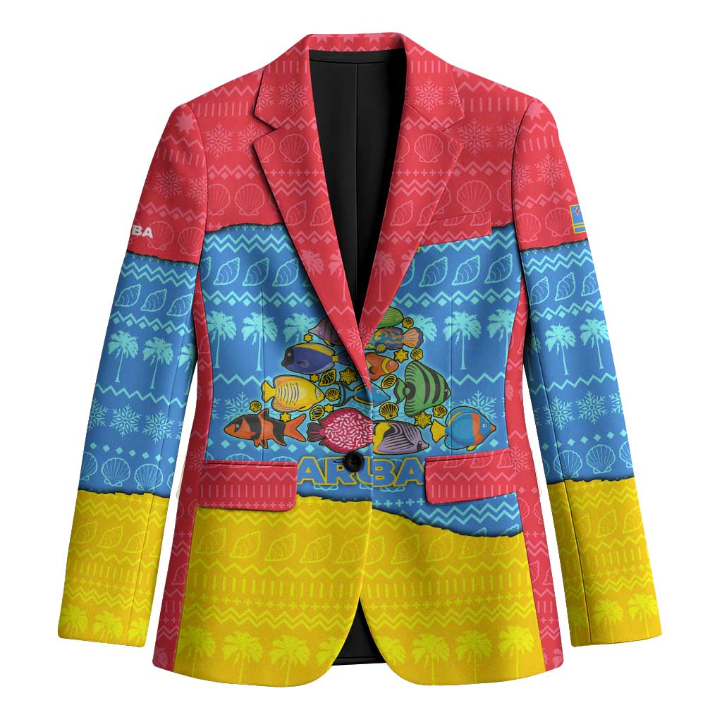 Aruba Christmas Blazer with Fish Christmas Tree Aruba Flag and Red Blue Yellow Tropical Pattern Design - Wonder Print Shop