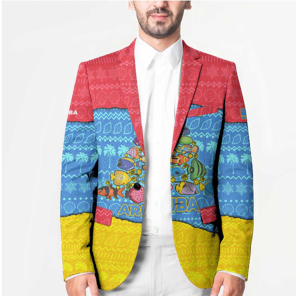 Aruba Christmas Blazer with Fish Christmas Tree Aruba Flag and Red Blue Yellow Tropical Pattern Design - Wonder Print Shop