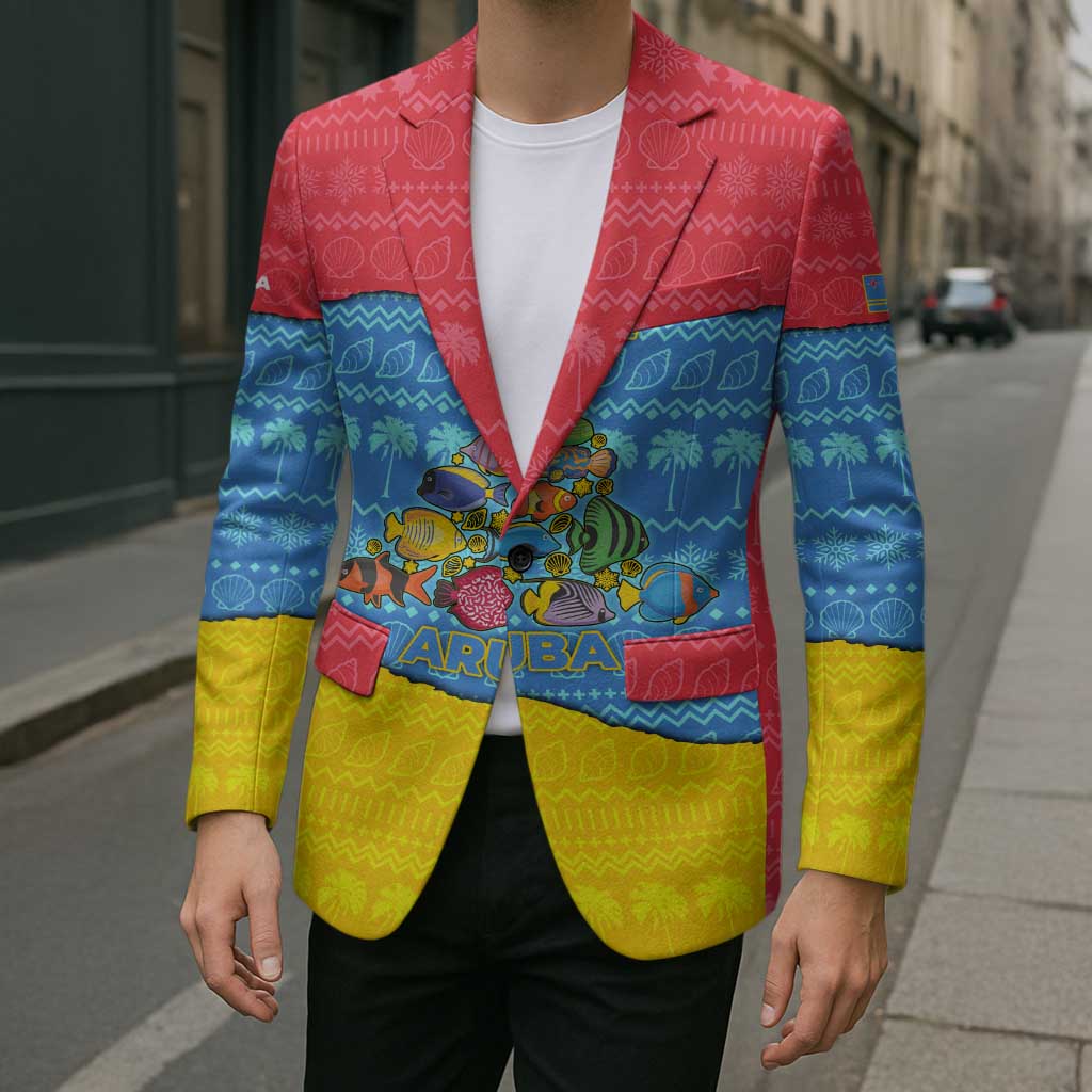 Aruba Christmas Blazer with Fish Christmas Tree Aruba Flag and Red Blue Yellow Tropical Pattern Design - Wonder Print Shop