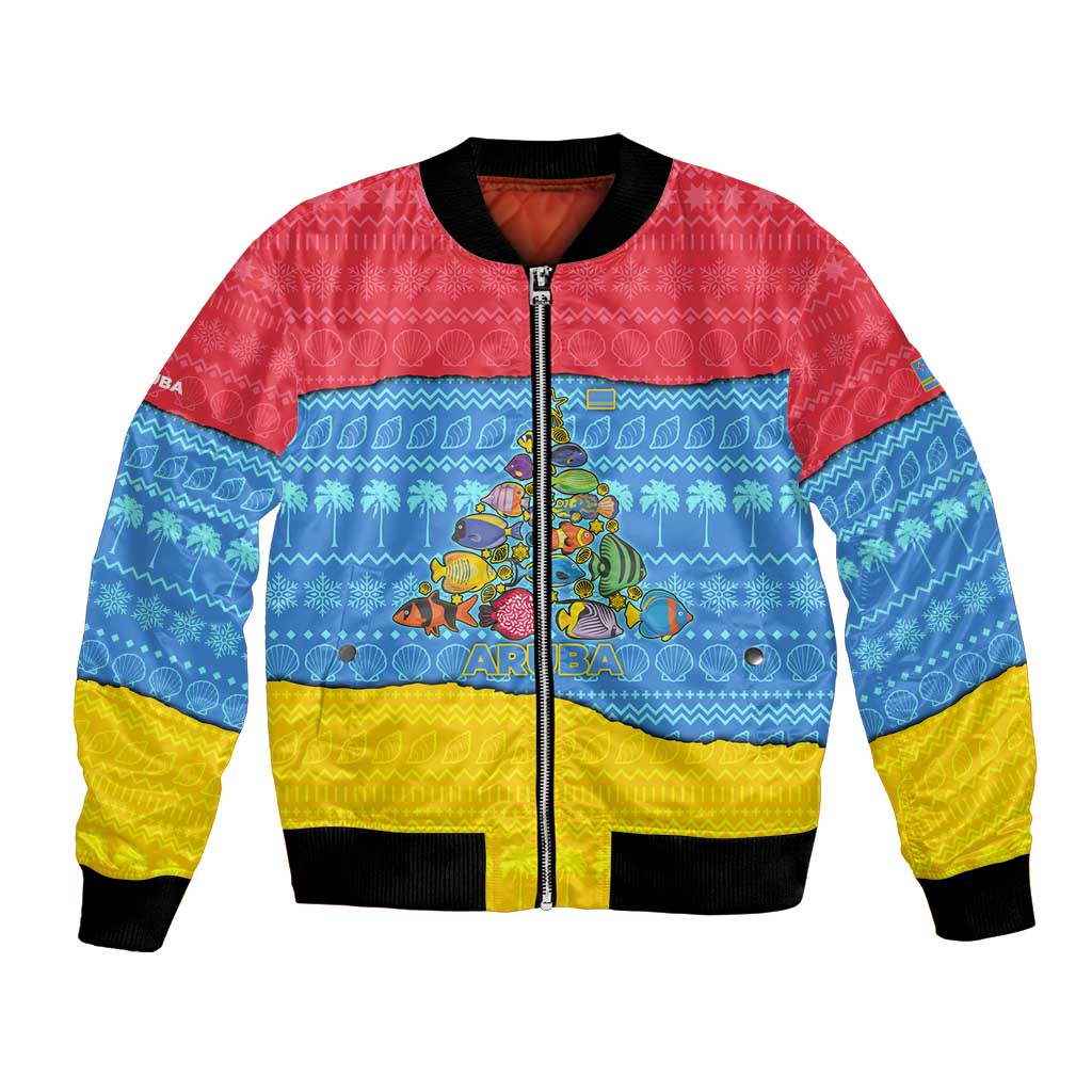 Aruba Christmas Bomber Jacket with Fish Christmas Tree Aruba Flag and Red Blue Yellow Tropical Pattern Design - Wonder Print Shop