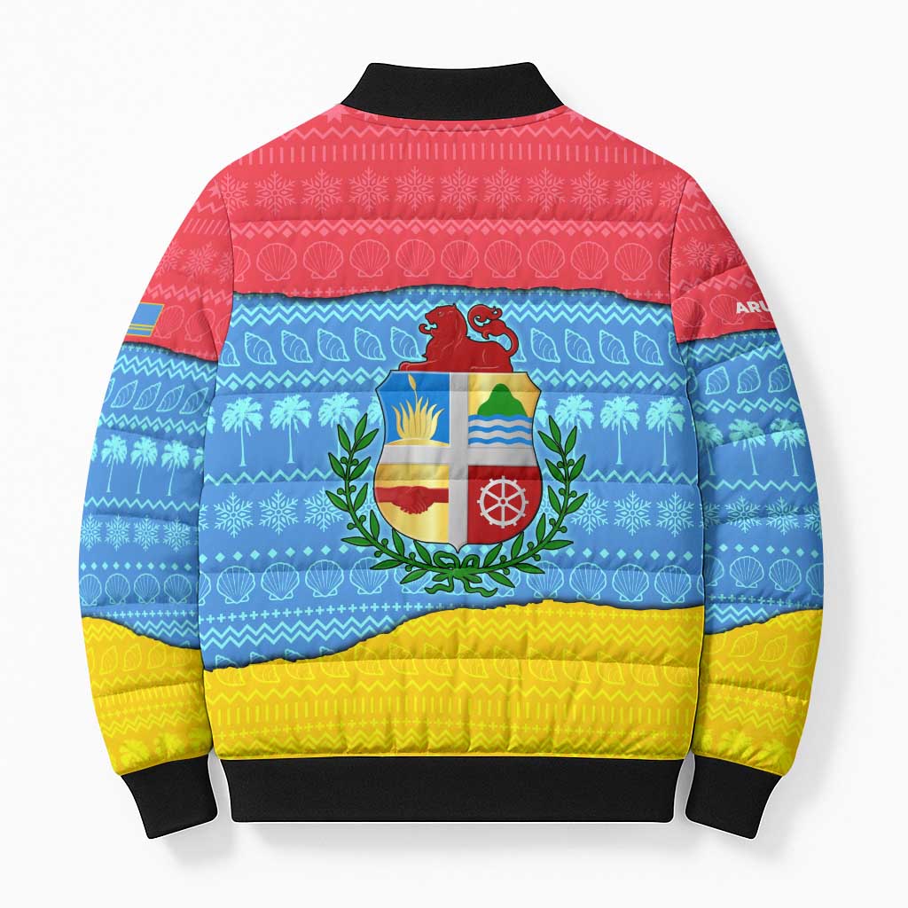 Aruba Christmas Bomber Puffer Jacket with Fish Christmas Tree Aruba Flag and Red Blue Yellow Tropical Pattern Design - Wonder Print Shop