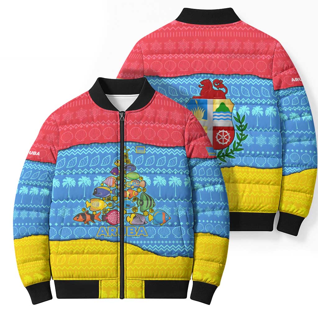 Aruba Christmas Bomber Puffer Jacket with Fish Christmas Tree Aruba Flag and Red Blue Yellow Tropical Pattern Design - Wonder Print Shop