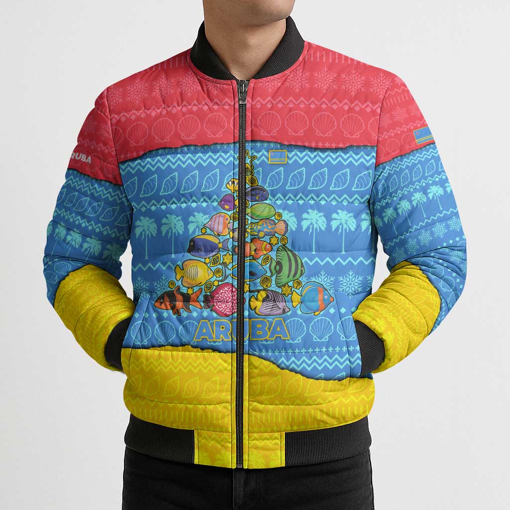 Aruba Christmas Bomber Puffer Jacket with Fish Christmas Tree Aruba Flag and Red Blue Yellow Tropical Pattern Design - Wonder Print Shop