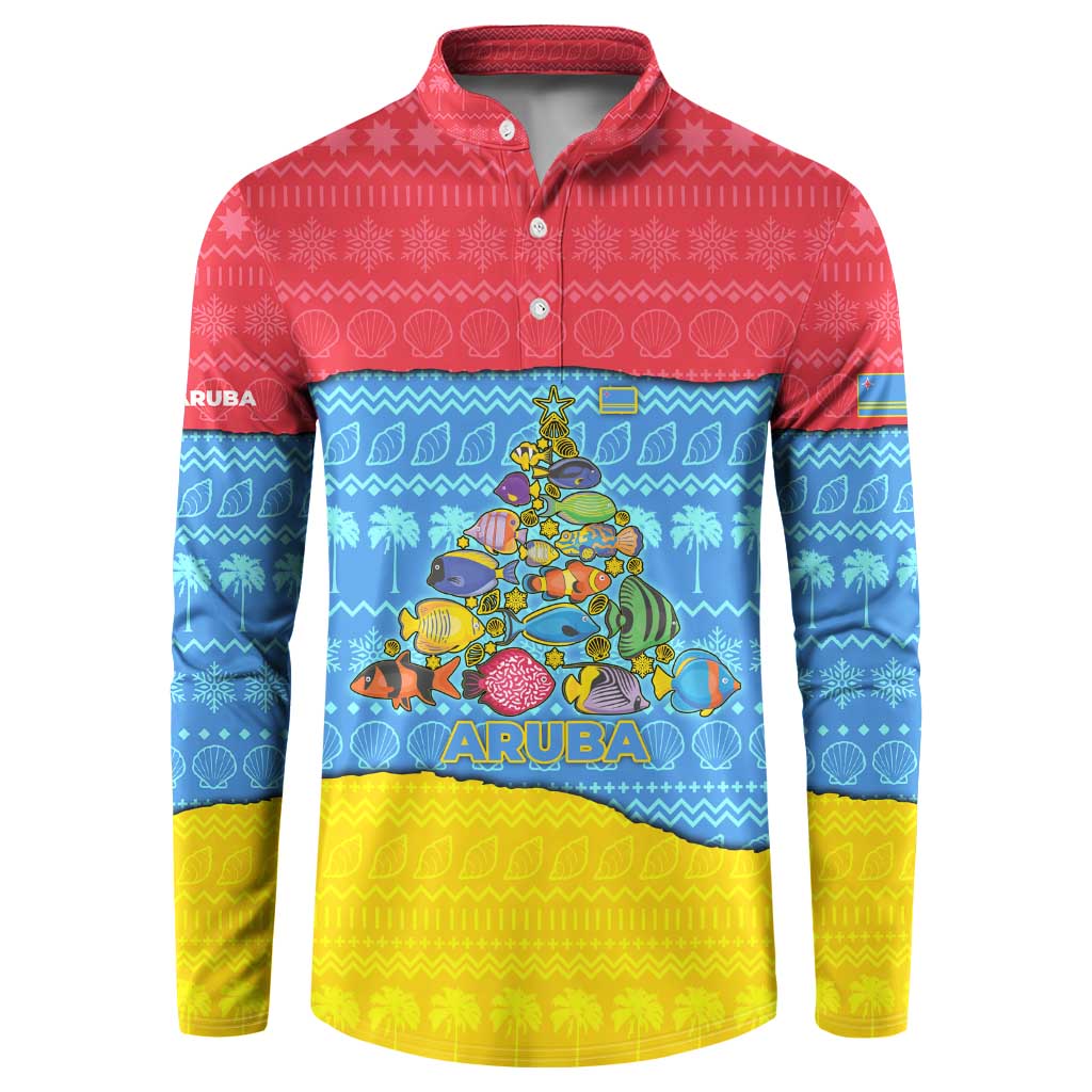 Aruba Christmas Button Sweatshirt with Fish Christmas Tree Aruba Flag and Red Blue Yellow Tropical Pattern Design - Wonder Print Shop