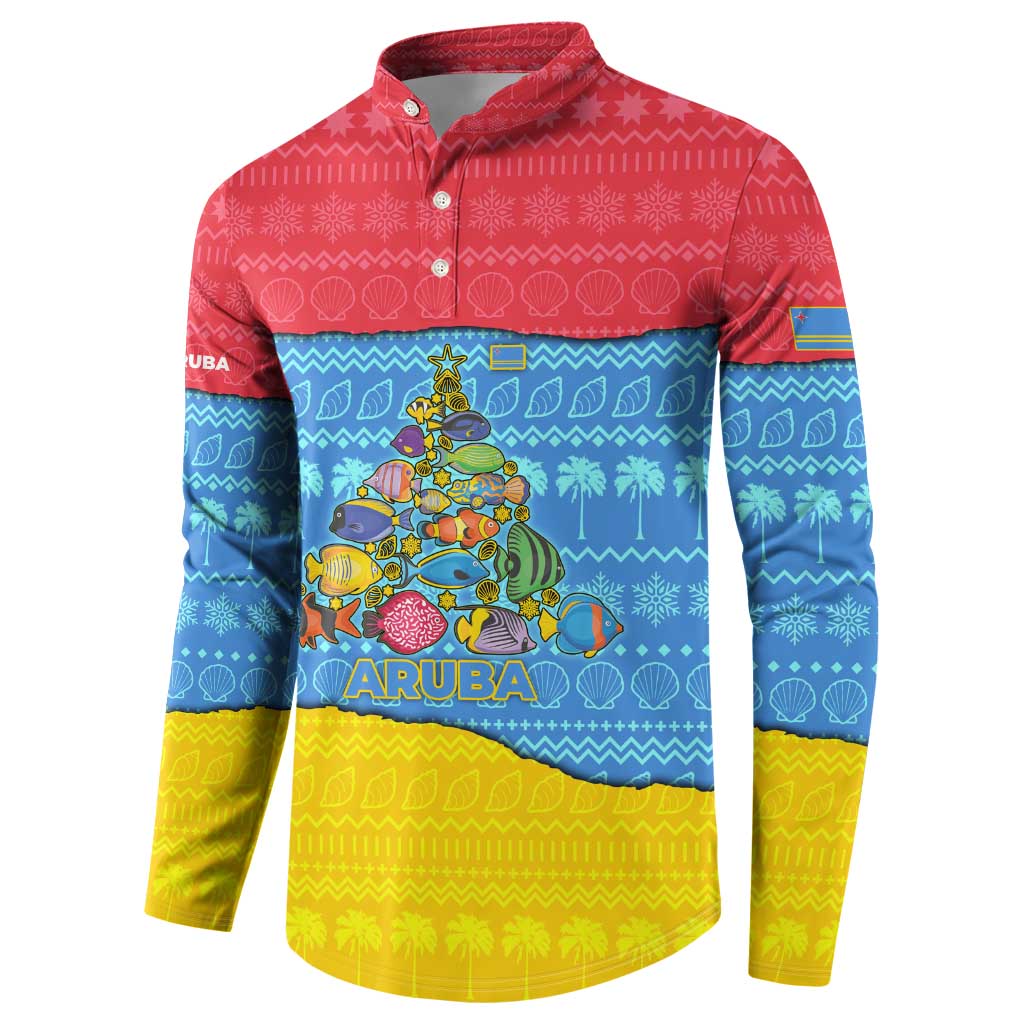 Aruba Christmas Button Sweatshirt with Fish Christmas Tree Aruba Flag and Red Blue Yellow Tropical Pattern Design - Wonder Print Shop