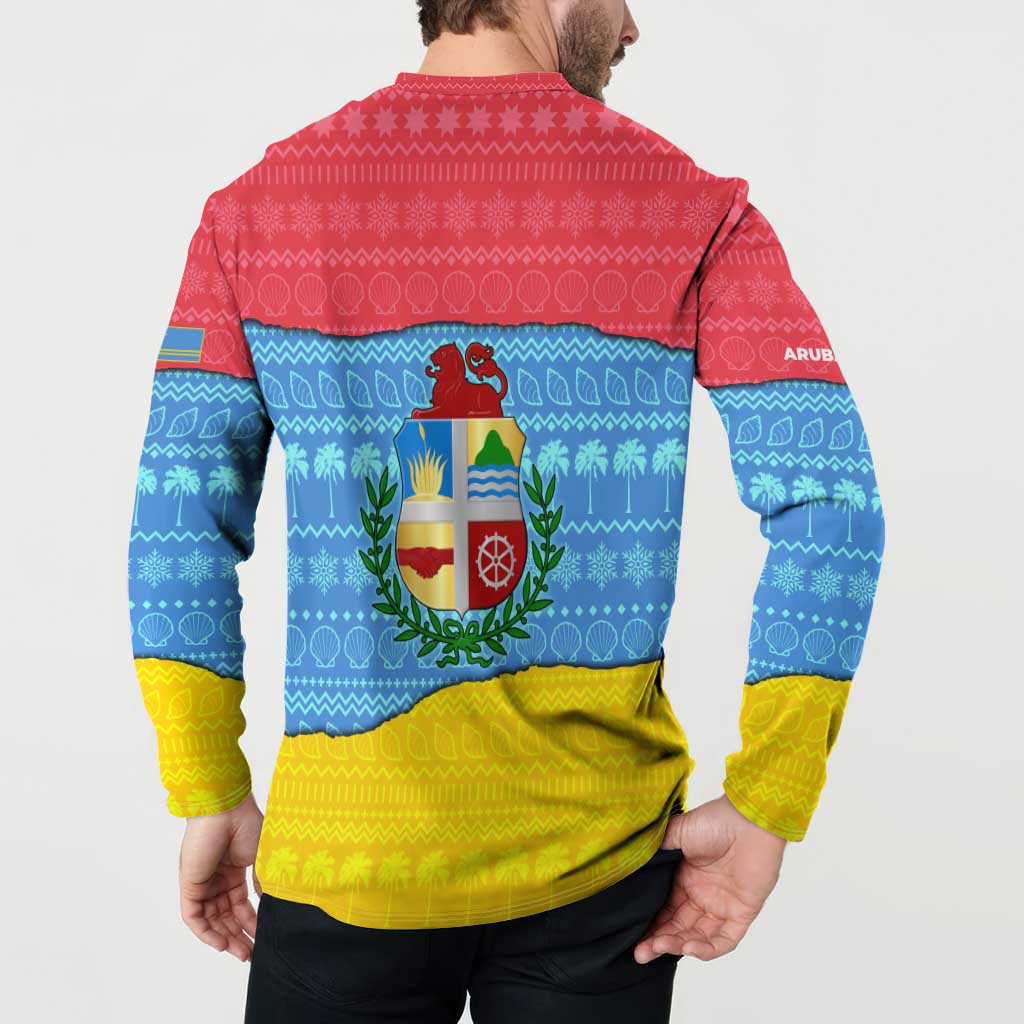 Aruba Christmas Button Sweatshirt with Fish Christmas Tree Aruba Flag and Red Blue Yellow Tropical Pattern Design - Wonder Print Shop