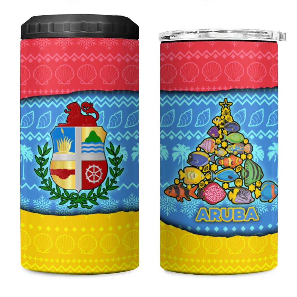 Aruba Christmas 4 in 1 Can Cooler Tumbler with Fish Christmas Tree Aruba Flag and Red Blue Yellow Tropical Pattern Design - Wonder Print Shop