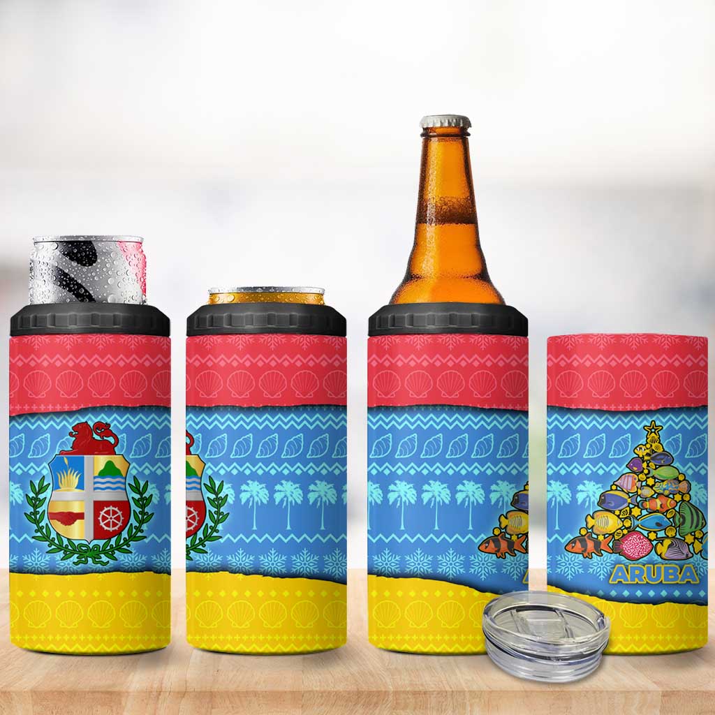 Aruba Christmas 4 in 1 Can Cooler Tumbler with Fish Christmas Tree Aruba Flag and Red Blue Yellow Tropical Pattern Design - Wonder Print Shop