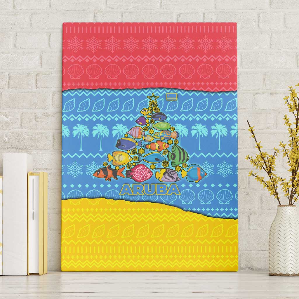 Aruba Christmas Canvas Wall Art with Fish Christmas Tree Aruba Flag and Red Blue Yellow Tropical Pattern Design - Wonder Print Shop