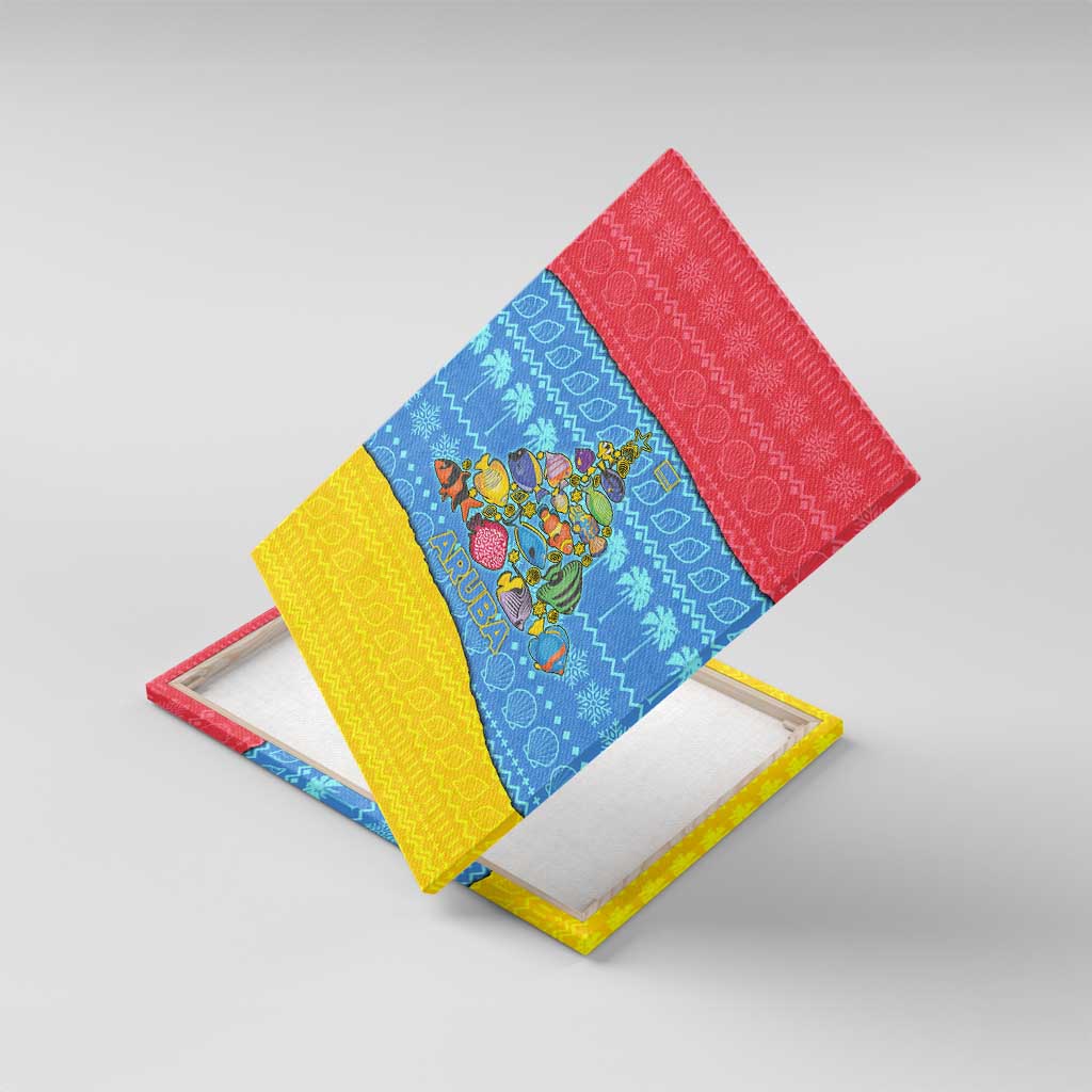 Aruba Christmas Canvas Wall Art with Fish Christmas Tree Aruba Flag and Red Blue Yellow Tropical Pattern Design - Wonder Print Shop