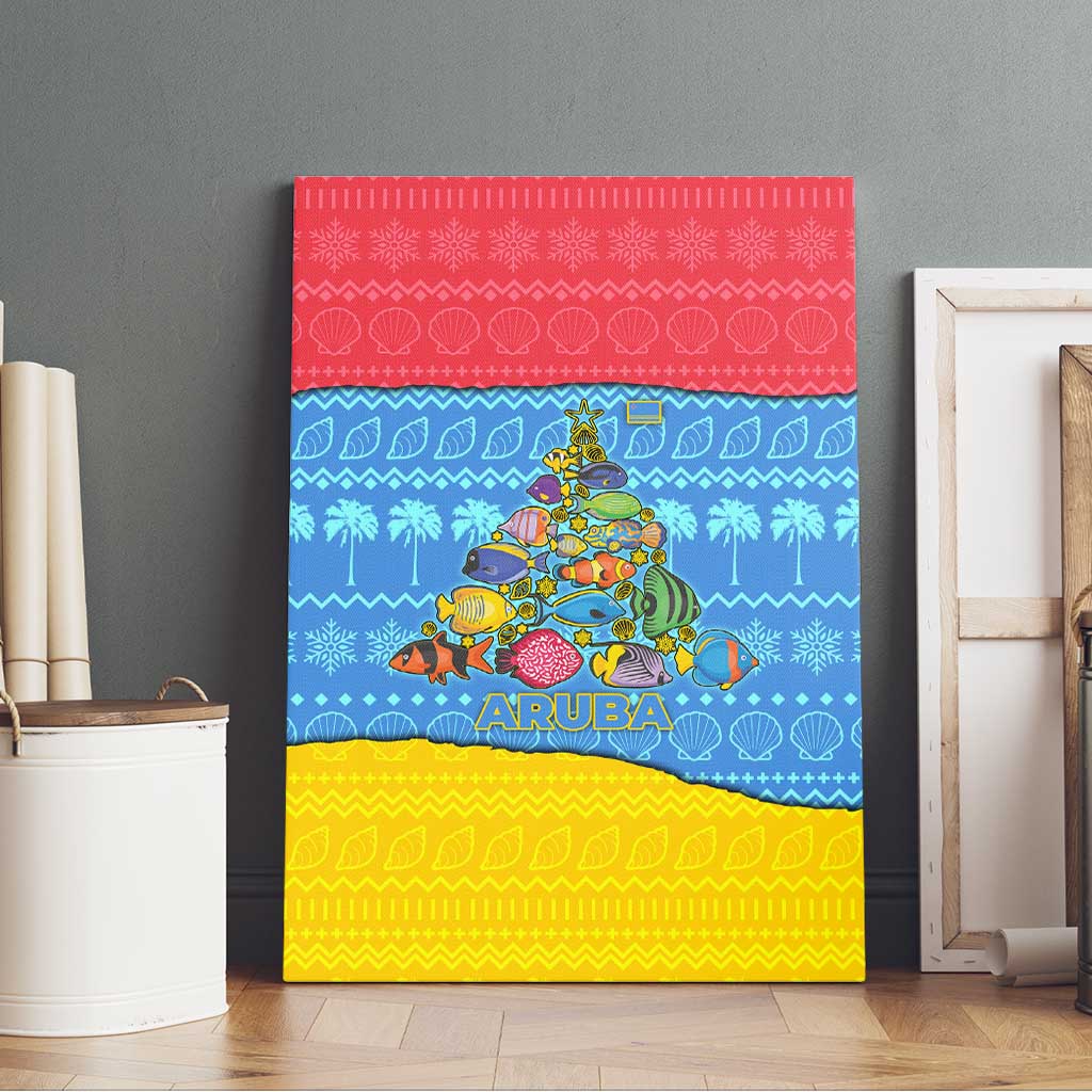 Aruba Christmas Canvas Wall Art with Fish Christmas Tree Aruba Flag and Red Blue Yellow Tropical Pattern Design - Wonder Print Shop