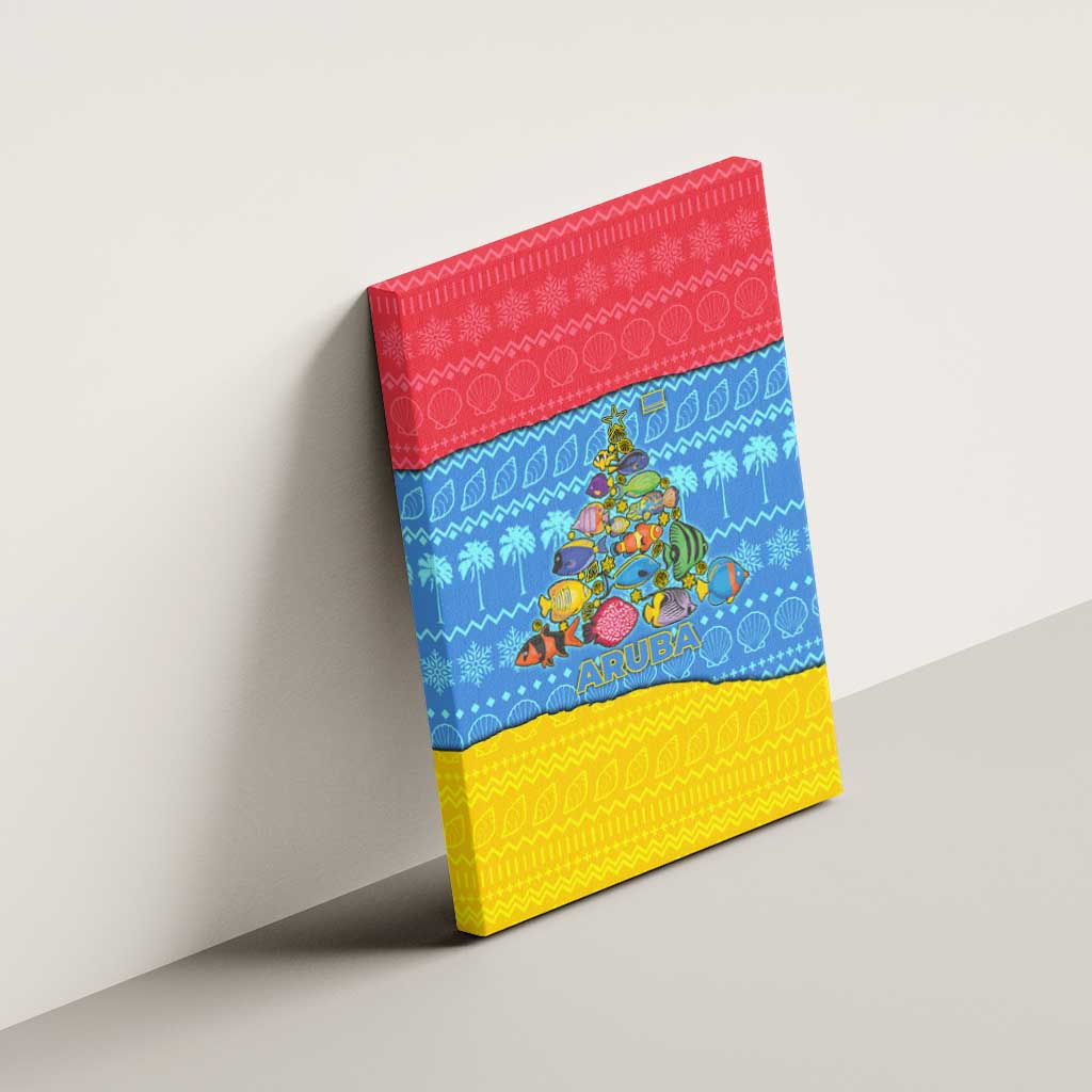 Aruba Christmas Canvas Wall Art with Fish Christmas Tree Aruba Flag and Red Blue Yellow Tropical Pattern Design - Wonder Print Shop