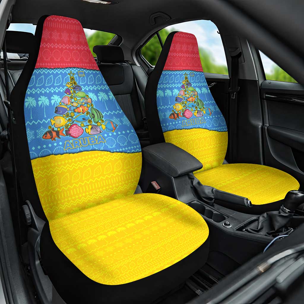 Aruba Christmas Car Seat Cover with Fish Christmas Tree Aruba Flag and Red Blue Yellow Tropical Pattern Design - Wonder Print Shop