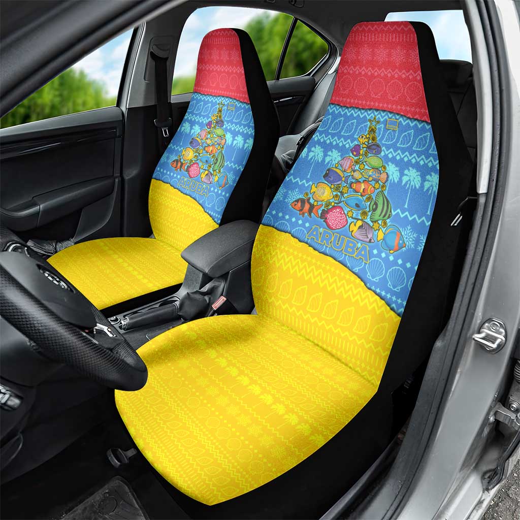 Aruba Christmas Car Seat Cover with Fish Christmas Tree Aruba Flag and Red Blue Yellow Tropical Pattern Design - Wonder Print Shop
