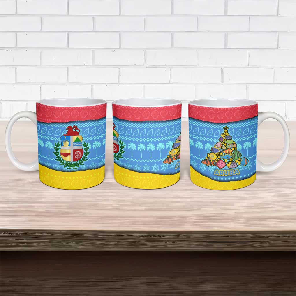Aruba Christmas Ceramic Mug with Fish Christmas Tree Aruba Flag and Red Blue Yellow Tropical Pattern Design - Wonder Print Shop