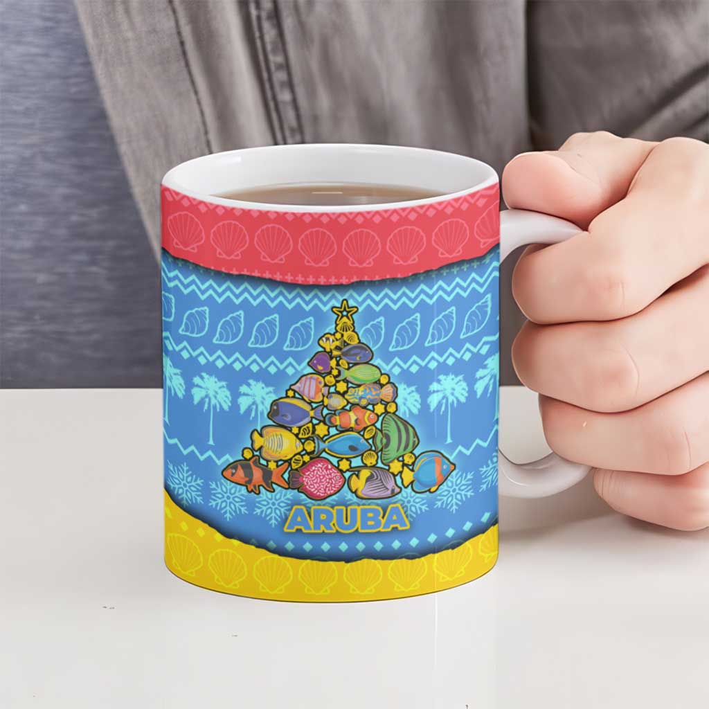 Aruba Christmas Ceramic Mug with Fish Christmas Tree Aruba Flag and Red Blue Yellow Tropical Pattern Design - Wonder Print Shop