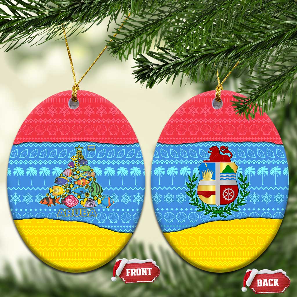 Aruba Christmas Ceramic Ornament with Fish Christmas Tree Aruba Flag and Red Blue Yellow Tropical Pattern Design - Wonder Print Shop