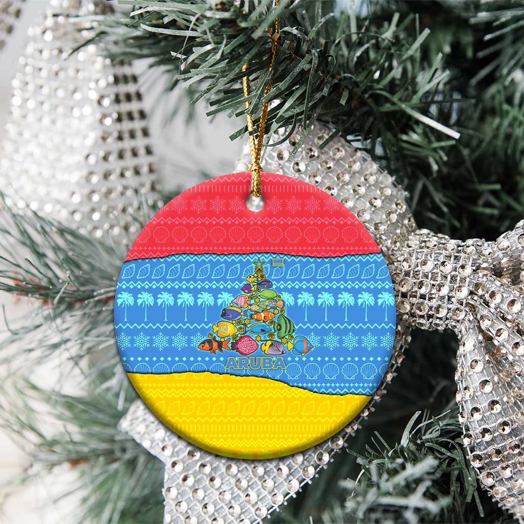 Aruba Christmas Ceramic Ornament with Fish Christmas Tree Aruba Flag and Red Blue Yellow Tropical Pattern Design - Wonder Print Shop