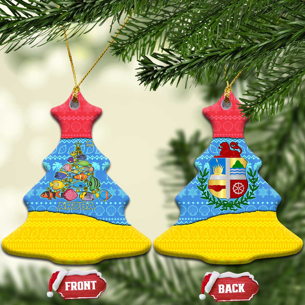 Aruba Christmas Ceramic Ornament with Fish Christmas Tree Aruba Flag and Red Blue Yellow Tropical Pattern Design - Wonder Print Shop