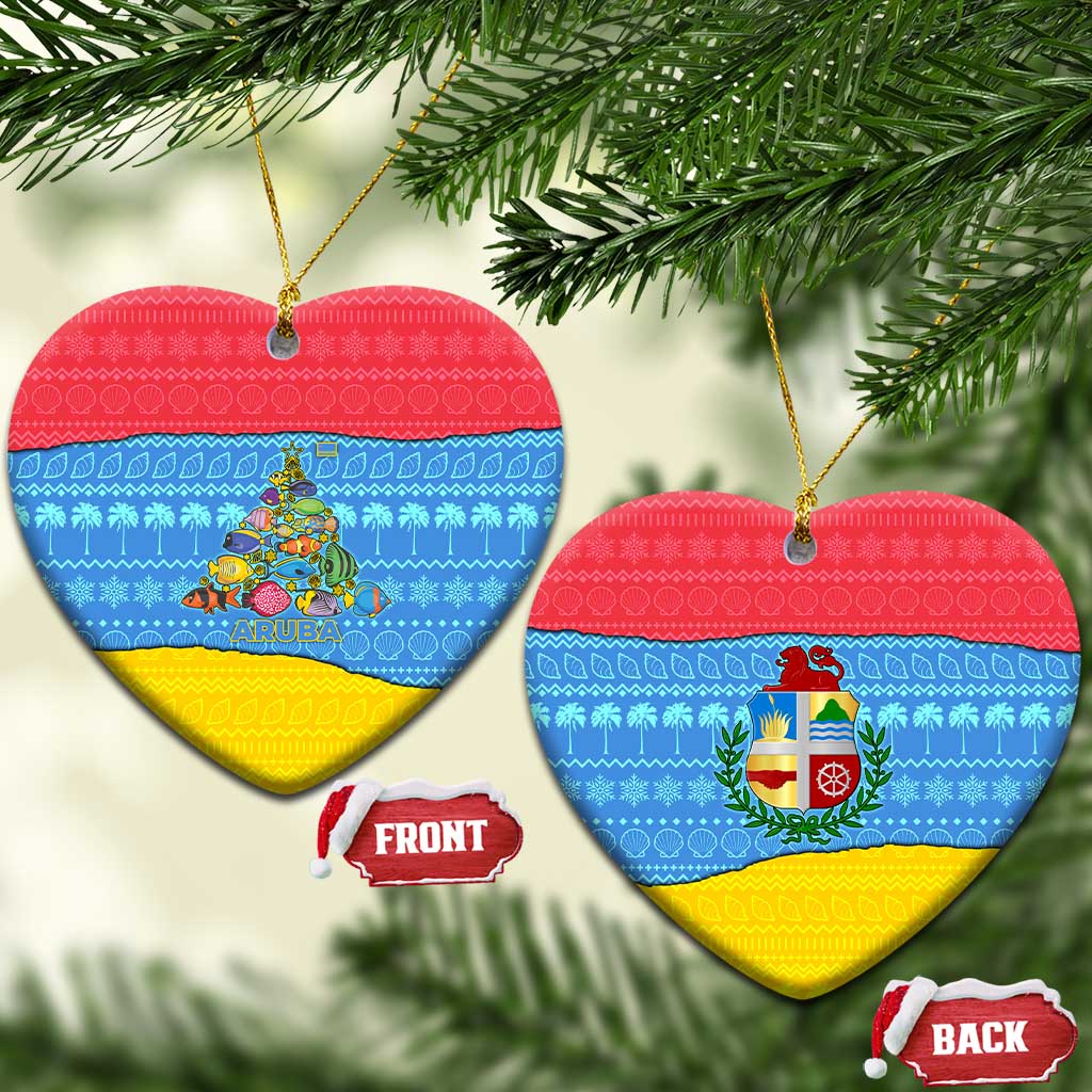 Aruba Christmas Ceramic Ornament with Fish Christmas Tree Aruba Flag and Red Blue Yellow Tropical Pattern Design - Wonder Print Shop