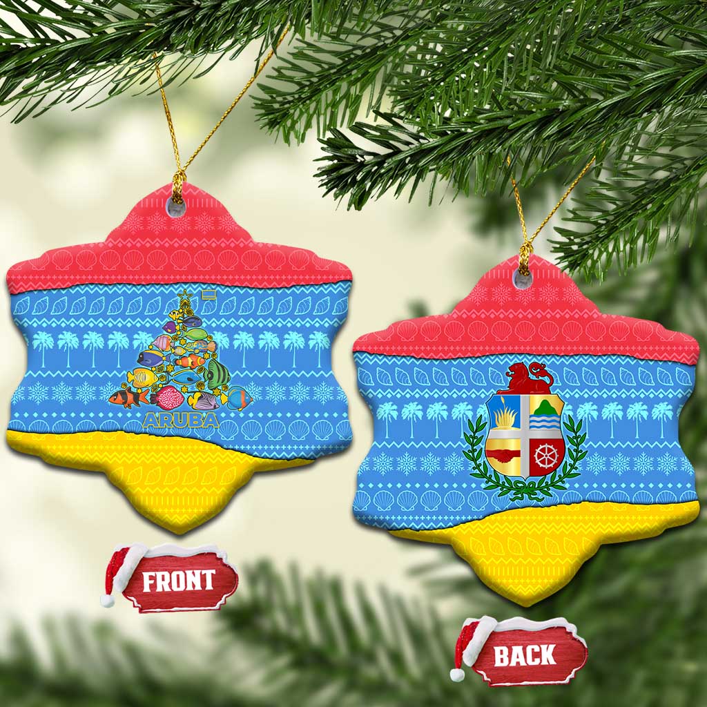 Aruba Christmas Ceramic Ornament with Fish Christmas Tree Aruba Flag and Red Blue Yellow Tropical Pattern Design - Wonder Print Shop