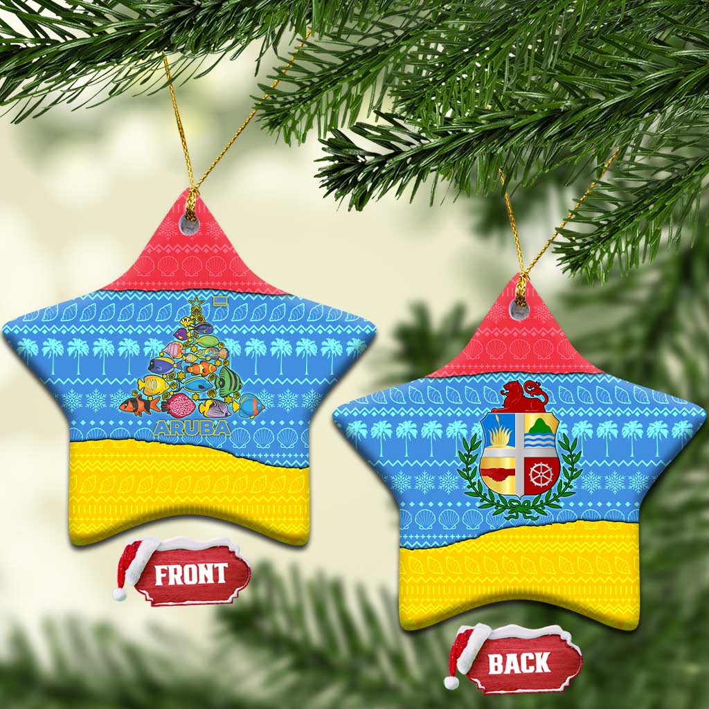 Aruba Christmas Ceramic Ornament with Fish Christmas Tree Aruba Flag and Red Blue Yellow Tropical Pattern Design - Wonder Print Shop